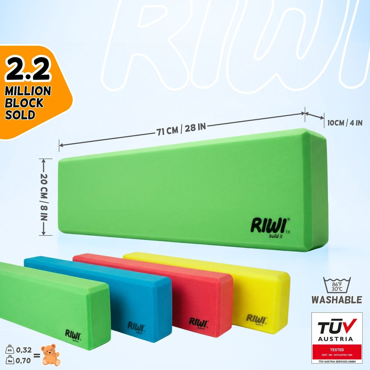 RIWI XXL -rakennuspalikat: palikan mitat 71 × 20 × 10 cm
